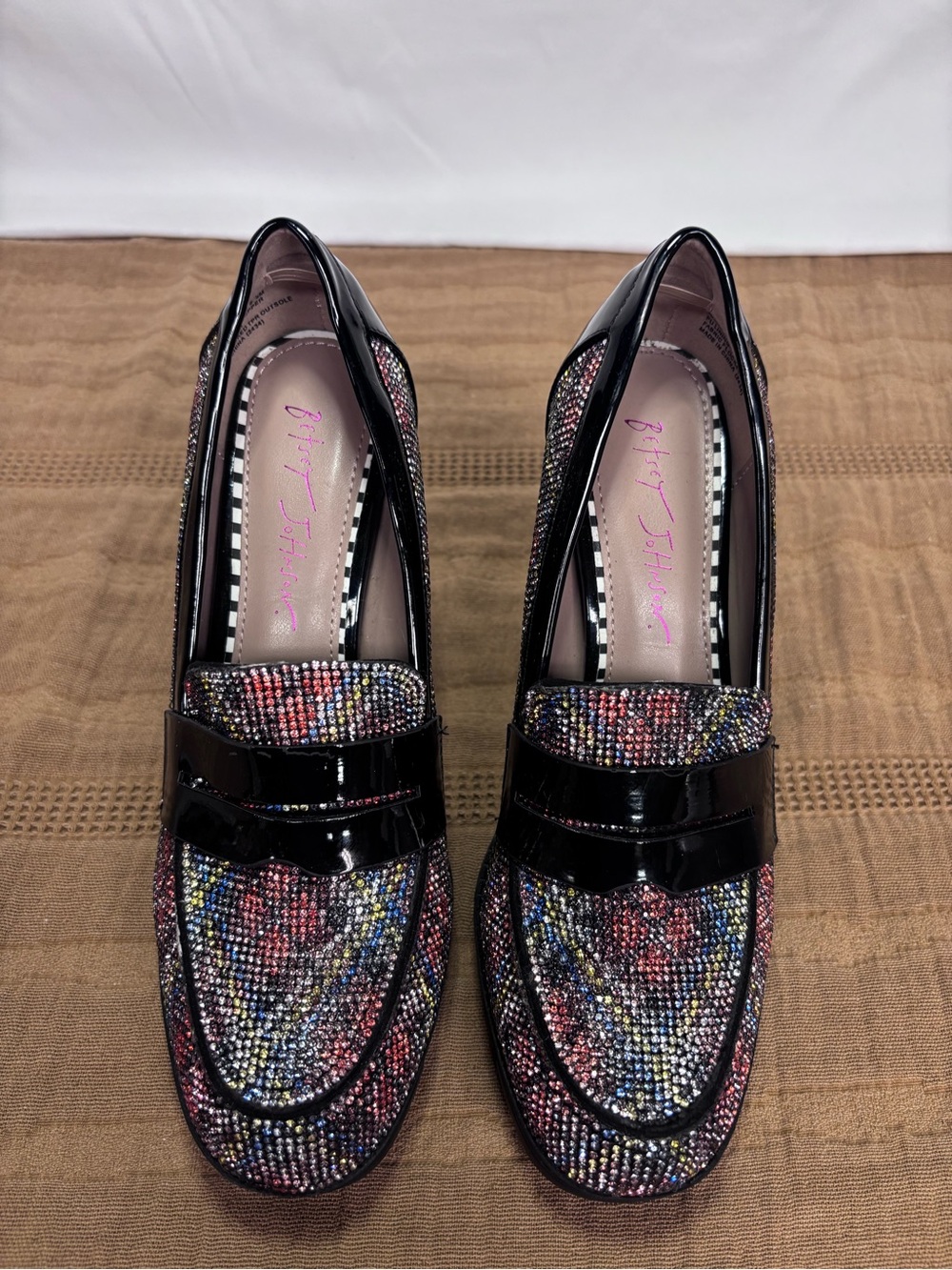 Betsey Johnson Black Patent Multicolor Beaded Block Heel Loafers - Picture 3 of 14